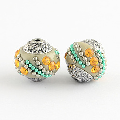 Темный Хаки Индонезийские бусины ручной работы, со светлыми топазами и стразами из сплава, круглые, античное серебро, Темный хаки, 14~16x14~16 мм, отверстие : 1.5 мм