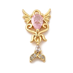 Pink Латунные микро проложить кубического циркония подвески, форма хвоста, без никеля , реальный 18 k позолоченный, розовые, 23x12x4 мм, отверстие : 1.6 мм