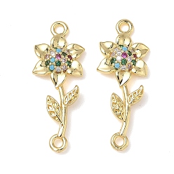 Настоящее золото 18K Подвески из латуни с паве из цветного кубического циркония, цветок ссылки, без свинца и без кадмия, долговечный, стойки покрытие, реальный 18 k позолоченный, 27x10x3.5 мм, отверстие : 1.6 мм