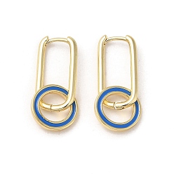 Blue Real 18K Gold Plated Brass Ring Dangle Hoop Earrings, with Enamel, Blue, 30x13mm
