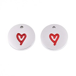 Нержавеющая Сталь Цвет 304 из нержавеющей стали шармы эмали, плоский круглый с подвеской в виде сердца, цвет нержавеющей стали, 13.5x1.5 мм, отверстие : 1.5 мм