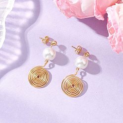 Золотой Серьги-гвоздики из стекла с жемчугом, круглая с вихревой спиралью, с экологически чистой медной проволокой, золотые, 39.5x16 мм