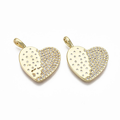 Golden Brass Micro Pave Clear Cubic Zirconia Pendants, Nickel Free, Heart, Golden, 26x20x4.5mm, Hole: 2mm