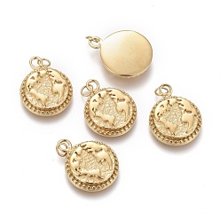 Золотой Ионное покрытие (ip) 304 подвески из нержавеющей стали, с прыжковых колец, плоский круг с землей, золотые, 19x15x3.5 мм, отверстие : 2.8 мм