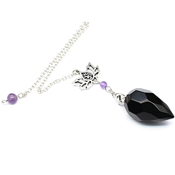 Обсидиан Натуральный обсидиановый маятник с большой подвеской, неокрашенными, с металлической фурнитурой с платиновым покрытием, конус очарование, 240 мм