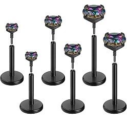 Черный 316l хирургическая нержавеющая сталь паве цветной кубический цирконий плоские круглые лабреты с внутренней резьбой, чёрные, 8x4 мм, штифты : 4 мм