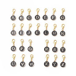 Letter A~Z 26Pcs Black Flat Round with Letter Alloy Enamel Charms Pendant Decorations, with Alloy Lobster Claw Clasps, Golden, Letter A~Z, 2.7cm