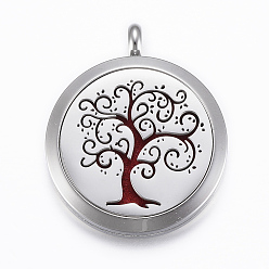 Dark Red 316 Surgical Stainless Steel Diffuser Locket Pendants, with Perfume Pad and Magnetic Clasps, Flat Round with Tree of Life, Stainless Steel Color, Dark Red, 37x30x6.5mm, Hole: 5mm, inner diameter: 23mm