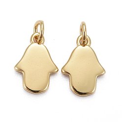 Настоящее золото 18K Латунные подвески, долговечный, хамса рука, реальный 18 k позолоченный, 11x8x1.5 мм, Перейти кольцо: 5x0.7 мм, внутренний диаметр: 1/8 дюйм (3.5 мм)