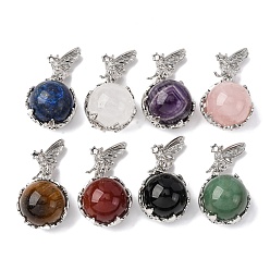 Смешанные камни Круглые подвески из натурального смешанного камня, латунный ангел бабочка обернутый шарик драгоценные камни подвески, платина, стойки покрытие, смешанные окрашенные и неокрашенные, 30.5x16.5x14 мм, отверстие : 5.5x2.5 мм