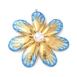 Небесно-голубой 304 эмаль нержавеющей стали большие кулоны, с пластмассовой жемчужиной abs, подвески в форме цветов, реальный 18 k позолоченный, вакуумное покрытие pvd, голубой, 61x60x11 мм, отверстие : 1.8 мм