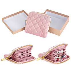 Pink Rhombus Textured Velvet Jewelry Storage Zipper Pouches for Earrings Rings Bracelets Necklaces, Square, Pink, 12x12x2.8cm
