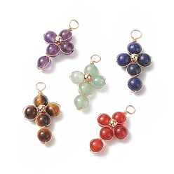 Смешанные камни Подвески из медной проволоки из смешанных натуральных и синтетических драгоценных камней, религия крест прелести, с латунной бисера, золотой свет, 29.5~30x16.5~17x6.5~7 мм, отверстие : 3.5~4 мм