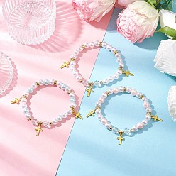 (52) Непрозрачная лаванда 3шт 3 цвета АБС пластик имитация жемчуга бусины эластичные браслеты, браслеты с подвесками в виде креста из сплава для женщин, разноцветные, внутренний диаметр: 2-1/8 дюйм (5.3 см)