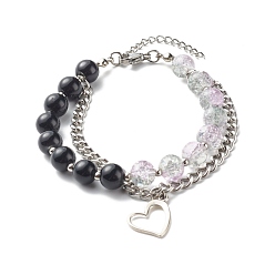 Black Glass Round Beaded Multi-strand Bracelets, with 304 Stainless Steel Heart Charm & Curb Chain, Black, 7-1/2 inch(19cm)