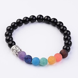 Черный Камень Натуральный черный камень и драгоценных камней стрейч бисером браслеты, с сплава Будда голову, античное серебро, 2-1/8 дюйм (53 мм)