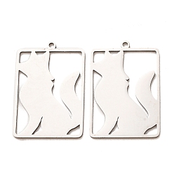 Stainless Steel Color 201 Stainless Steel Pendants, Rectangle with Fox Charms, Laser Cut, Cut-Out, Stainless Steel Color, 29x20x1mm, Hole: 1.5mm
