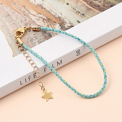 Light Blue Cotton Braided Cord Bracelets, with Golden Plated 304 Stainless Steel Star Charms and Lobster Claw Clasps, Light Blue, 7-5/8 inch(19.3cm), 2.5mm
