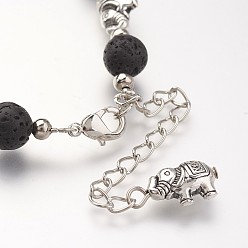 Black Natural Lava Rock Beads Bracelets, with Tibetan Style Alloy Elephant Beads and Brass Lobster Claw Clasps, Black, 9 inch(230mm)