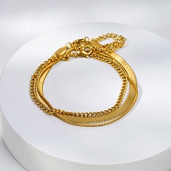 Настоящее золото 18K Стильные трехслойные браслеты из нержавеющей стали, браслеты с цепочками в виде елочки, панциря и змеи для женщин, реальный 18 k позолоченный, 6-3/4 дюйм (17 см)