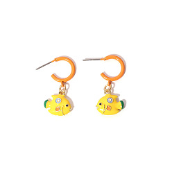 Yellow Zinc Alloy Enamel Stud Dangle Earrings, Fish, Half Hoop Earrings, Yellow, 36x15mm