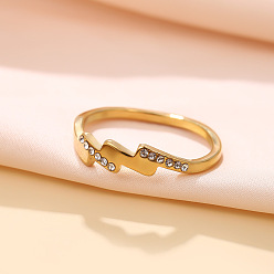 Golden 201 Stainless Steel Rhinestone Lightning Bolt Finger Rings for Women, Golden, US Size 7(17.3mm)