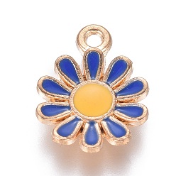 DodgerBlue Alloy Pendants, with Enamel, Daisy, Light Gold, Royal Blue, 15x11.5x2mm, Hole: 1.4mm