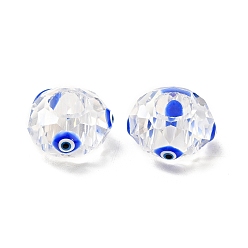 Blue Transparent Glass European Beads, Large Hole Beads, with Enamel, Faceted, Rondelle with Evil Eye Pattern, Blue, 14x8mm, Hole: 6mm