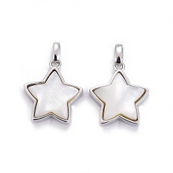 Platinum Natural White Shell Mother of Pearl Shell Pendants, with Brass Findings, Star, Platinum, 17.5x15.5x5mm, Hole: 2x4mm