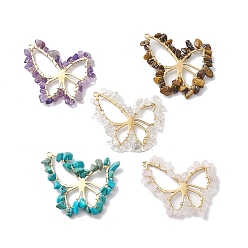 Golden Natural Mixed Stone Chip Beaded Wrapped Pendants, 304 Stainless Steel Butterfly Charms, Mixed Dyed and Undyed, Golden, 42~43x35~36x3~3.5mm, Hole: 1.6mm
