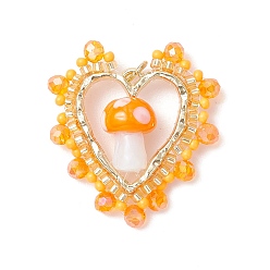 Оранжевый Лэмпворк в виде гриба ручной работы с круглыми стеклянными бусинами класса А и подвесками из сплава с открытыми задними панелями и подвесками из гальванизированного стекла, сердце, оранжевые, 33x31x10 мм, отверстие : 1.8x2 мм
