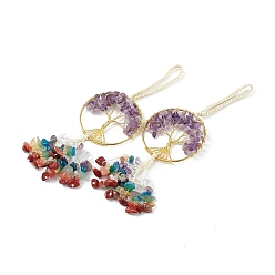 Аметист Натуральное аметистовое дерево жизни с кисточкой из смешанной крошки драгоценных камней, большие подвесные украшения, с золотыми латунными проводами и нейлоновым шнуром, без кадмия и без свинца, 155~170 мм