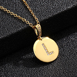 Letter L Латунные микропаве прозрачные кубические цирконии плоские круглые с подвесками в виде букв, золотые, Письмо L, 17.72 дюйм (45 см)