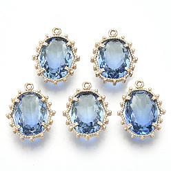 Light Sky Blue Transparent Faceted Glass Pendants, with Golden Tone Brass Open Back Settings, Oval, Light Sky Blue, 20x15x6mm, Hole: 1.2mm