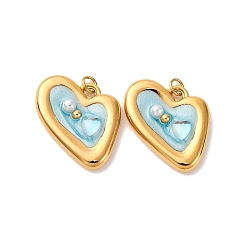 Настоящее золото 18K 304 нержавеющей стальной эмали подвески, с жемчужиной из АБС-пластика и смолой и соединительным кольцом, шарма сердца, ионное покрытие (ip), реальный 18 k позолоченный, 22x17x4.5 мм, отверстие : 2.5 мм