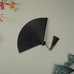 Black Bamboo Folding Fan with Tassel, for Party Wedding Dancing Decoration, Black, 180x340mm