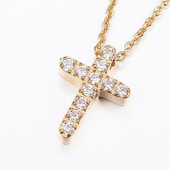 Золотой 304 подвесные из нержавеющей стали ожерелья, с кубического циркония, крестик, золотые, 17.7 дюйм (45 см)