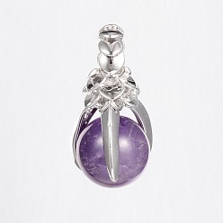 Amethyst Natürlichen Amethyst Edelsteinanhänger, mit Messing-Zubehör, cadmiumfrei und bleifrei, Klaue & rund, Platin Farbe, 35x18 mm, Bohrung: 5 mm