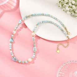 Golden Natural Larimar Beaded Necklaces, with Natural Cultured Freshwater Pearl Beads, Rack Plating Brass Beads and 304 Stainless Steel Lobster Claw Clasps, Golden, 15.75 inch(40cm)