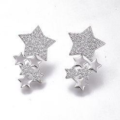 Platinum Brass Micro Pave Clear Cubic Zirconia Star Stud Earrings, with Plastic Ear Nuts, Long-Lasting Plated, Platinum, 30x16.5mm, Pin: 0.8mm
