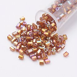 Dark Goldenrod 11/0 Two Cut Round Hole Glass Seed Beads, Hexagon, Silver Lined, Rainbow Plated, Dark Goldenrod, 2x2mm, Hole: 0.5mm, about 41000pcs/pound