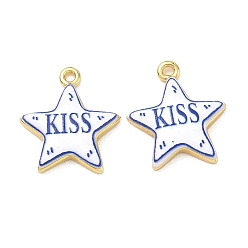 Real 18K Gold Plated Printed Brass Pendants, Star with Word Kiss Charms, Rack Plating, Long-Lasting Plated, Lead Free & Cadmium Free, Blue, Real 18K Gold Plated, 21.5x18.5x3.5mm, Hole: 1.7mm
