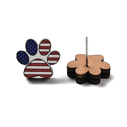 Paw Print Independence Day Wood Stud Earrings, with 304 Stainless Steel Pins, Paw Print, 13x14.5mm