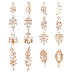Лист 16 шт 8 стили латунные подвески из микропаве с фианитом, лист со слезами, долговечный, лист, 15.5~28x6.5~11.5x1.5~5 мм, отверстие : 1~4 мм