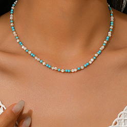 Голубой Ожерелья из синтетической бирюзы, ракушечного жемчуга и стеклянных круглых бусин для женщин, золотые, голубой, 15.75 дюйм (40 см)