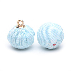 Бледно-бирюзовый Подвески из ткани ручной ткани, со сплавочной фурнитурой, круглая с цветком, золотые, бледные бирюзовая, 16~17x13.5~14 мм, отверстие : 1.5 мм