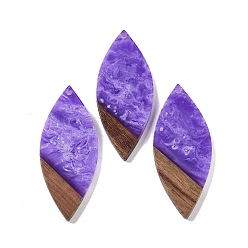 Сине-фиолетовый Большие подвески из смолы и дерева, лист прелести, синий фиолетовый, 52.5x22x3.5 мм, отверстие : 2 мм