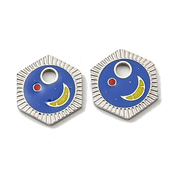 Stainless Steel Color 304 Stainless Steel Charms, with Enamel, Hexagon with Moon Pattern Charms, Stainless Steel Color, 11x10x1mm, Hole: 2mm