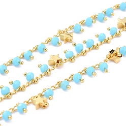 Light Sky Blue Handmade Faceted Round Glass Beaded Chains, with Brass Star Charms and Spool, Soldered, Long-Lasting Plated, Golden, Light Sky Blue, 2.5x1.5x0.5mm, 32.8 Feet(10m)/roll