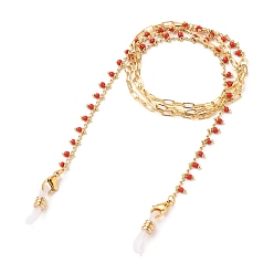 Red Eyeglasses Chains, Neck Strap for Eyeglasses, with Glass Beads, Brass Paperclip Chains, 304 Stainless Steel Lobster Claw Clasps and Rubber Loop Ends, Real 18K Gold Plated, Red, 27.56 inch(70cm)